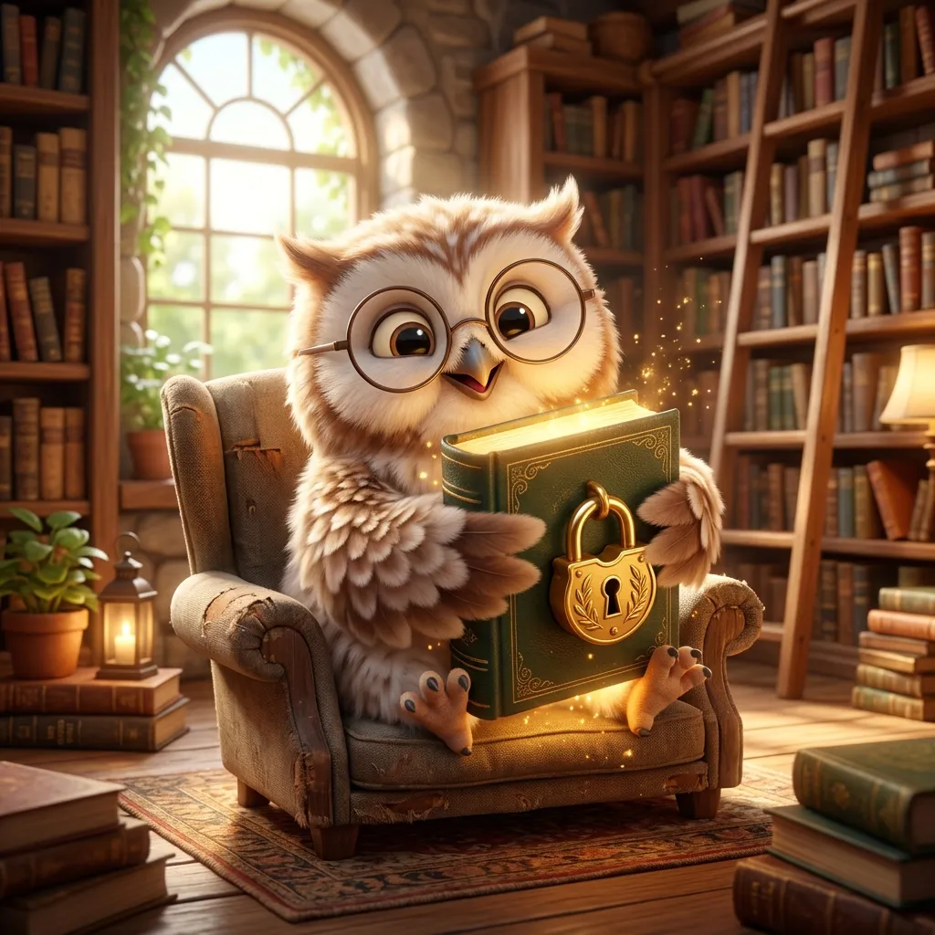Сова-библиотекарь с замком на книге